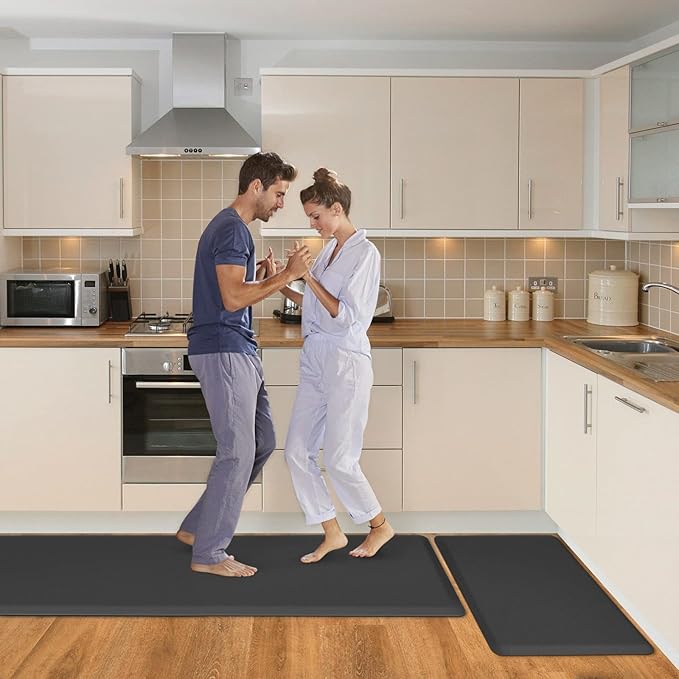 HappyTrends Kitchen Mat,17.3"x28"+17.3"x60" Black, Cushioned Comfort Anti-Fatigue Waterproof Floor Mat Kitchen Rugs, Thick Perfect Ergonomic Foam Standing mat for Kitchen, Home, Office, Laundry