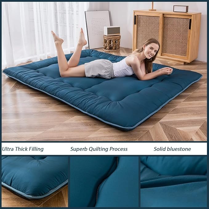 MAXYOYO Japanese Floor Mattress Futon Mattress, Thicken Sleeping Pad Foldable Roll Up Floor Futon for Adults Tatami Mat Dormitory Bed Lounger, Bluestone, Twin Size