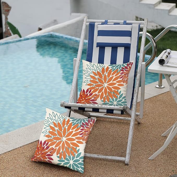 DFXSZ Orange Teal Red Flower Pillow Covers 18x18 Inch Set of 2 Fall Throw Pillows Outdoor Waterproof Decor for Living Room Sofa Patio Funiture Garden Floral Polyester Pillow Covers 002Y18