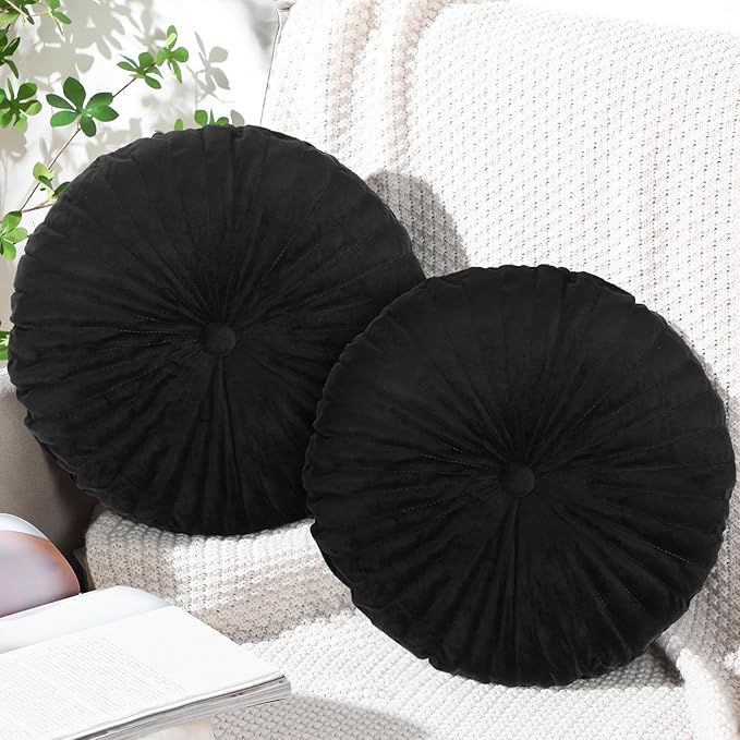 Namalu 2 Pcs Round Throw Pillow 13.8 Inch Decorative Round Velvet Floor Pillows Pumpkin Throw Pillows with Center Button for Thanksgiving Home Decor Living Room Sofa Couch Bed Chair (Black)