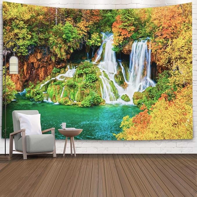 EMMTEEY Nature Tapestry - Tranquil Waterfall Scenery in Autumn Forest Wall Art 80X60 for Women