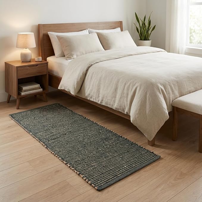 Green Jute & Cotton Braided Rug Runner 2' x 4' – Reversible Soft Accent Rug for Entryway, Kitchen, Bathroom
