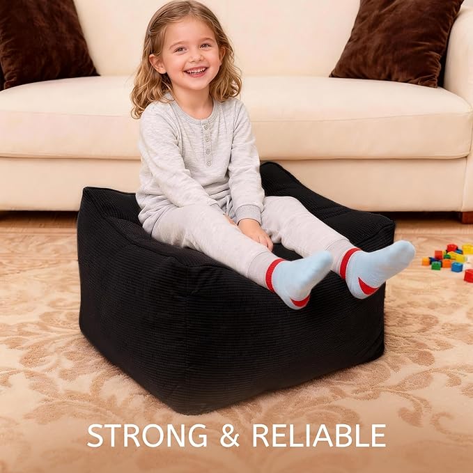 Square Corduroy Pouf Ottoman, Soft Fluffy Foot Stool with Foam Chunk Filling, Floor Pouf & Storage Ottoman for Living Room, 21.7" x 21.7" x 14", Black