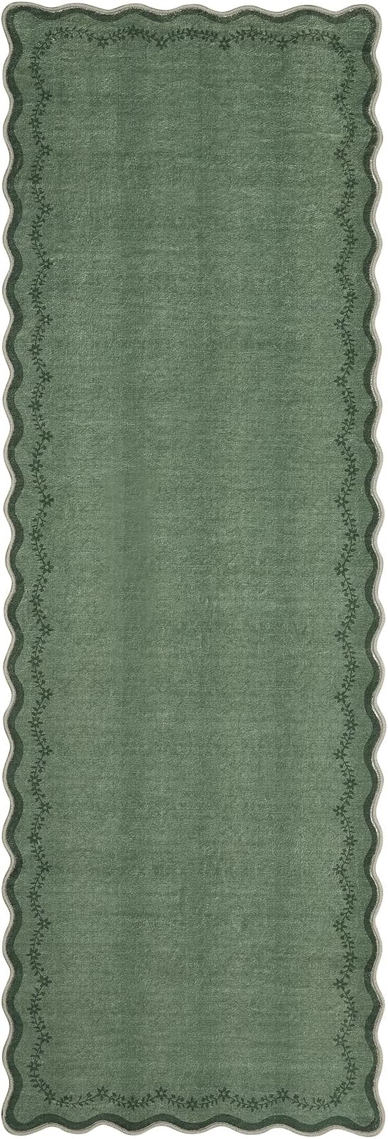 GarveeHome 2.5x8 Scalloped Washable Runner Rug for Kitchen, Soft Green Long Hallway Runner Non Slip Entryway Rug Farmhouse Thin Laundry Mat Stain Resistant Carpet for Bathroom Beside Rug
