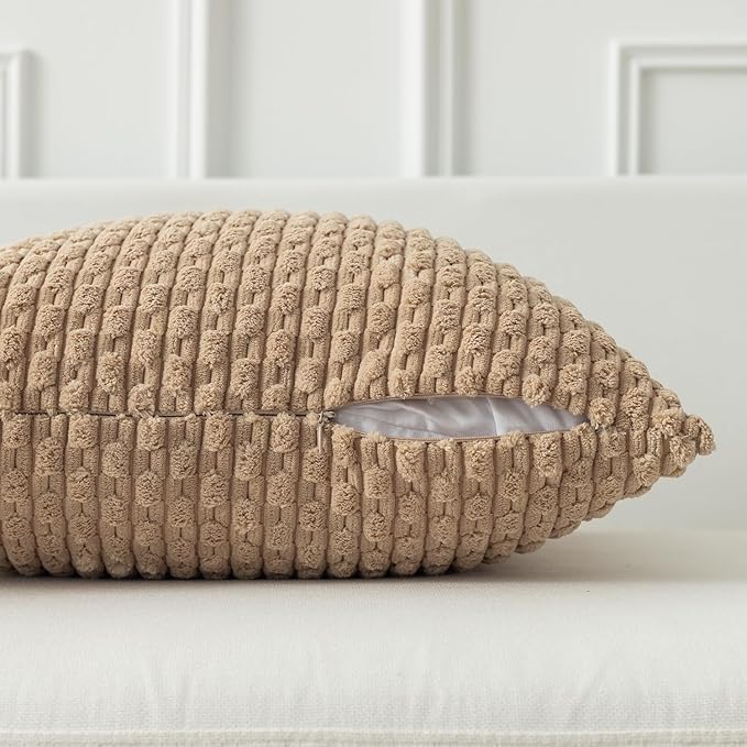 Kevin Textile 16x24 Inch Pillow Cover 1 Pack Boho Decorative Soft Striped Corduroy Lumbar Farmhouse Solid Color Accent Rectangle Cushion Case for Living Room Couch Sofa Bed, Tan