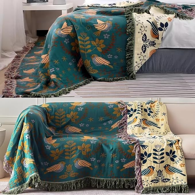 Boho Blanket for Bed 100% Cotton Bohemian Throw Blankets Ultra Soft Woven Muslin Decorative Blankets All Seasons Vintage Quilt Knitted Blanket for Sofa Chair(Blue, 80"x90")