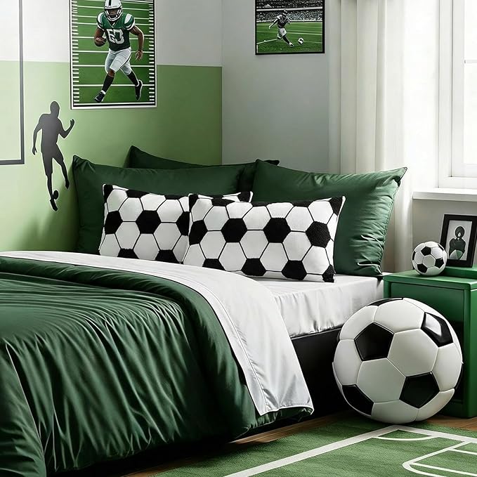 2 Pcs Soccer Ball Velvet Pillow Covers 12 x 20 Inch 3D Tufted Black Soccer Embroidery Sports Theme Decorative Throw Cushion Case for Bedroom Sofa Living Room Couch Chair Home Decor