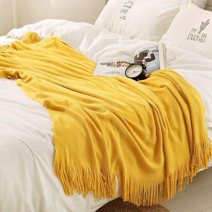 Homiest Decorative Knitted Throw Blanket with Fringe, Lightweight Acrylic Knit, Soft & Cozy Tassel Blanket for Couch, Sofa, Bed (Yellow, 60 x 80 Inch)