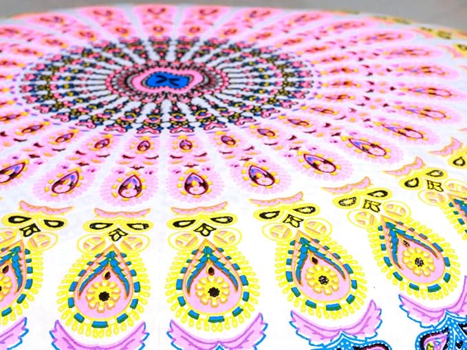 CRAFT KALA 22" Floor Pillows Cover for Sitting, Large Meditation Cushions Cover for Adults, Bohemian Mandala Round Pouf Seating Ottoman Cover for Outdoor Yoga and Living Room Pink Yellow Floral