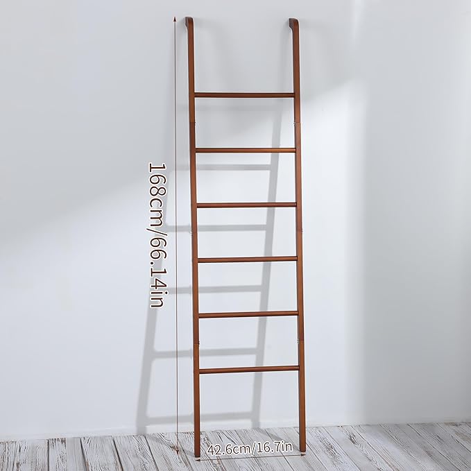 Taozun 6-Tier Wood Blanket Ladder for Living Room, Rustic Wooden Farmhouse Quilt Ladder with 4 S-hooks, 66-Inch Wall Leaning Throw Towel Rack, Space-Saving and Blanket Disply Rackfor Bedroom, Bathroom