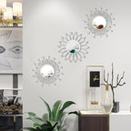 3 Pack Metal Mirrors for Wall Sunburst Wall Mirrors Home Décor Decorative Hanging Wall Art for Living Room Bedroom Entryway (Silver Crystal, Flower+Sunburst)
