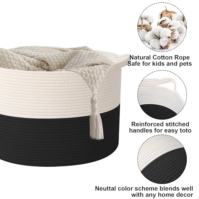 65L Large Blanket Basket,19.7" L x 19.7" W x 13" H Rope Woven Baskets with Handles, Toys Storage Bins,Laundry Basket Perfect for Living Room, Nursery,Bedroom,Home Organization,White&Black
