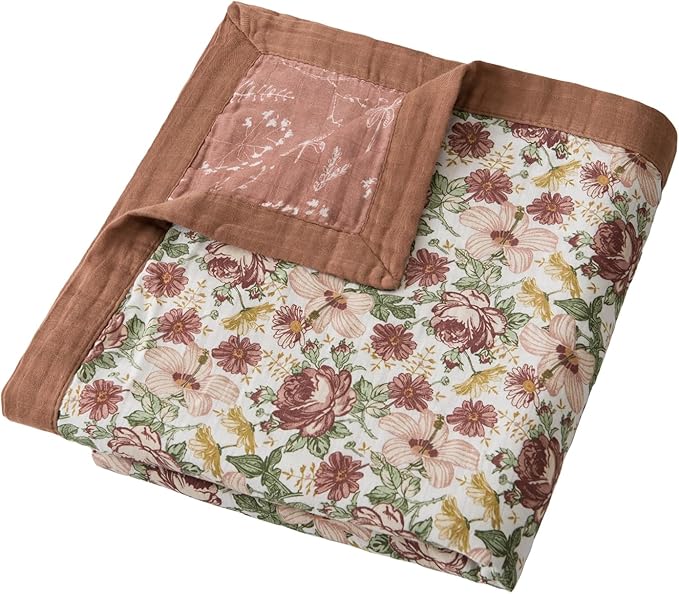 Little Jump Boho Vintage Floral Muslin Blanket Baby Quilt - Silky Soft and Breathable Crib Blanket for Daycare - Large 47" x 47" - 2 Layers Toddler Summer Blankets for Girls (Vintage Floral-2)