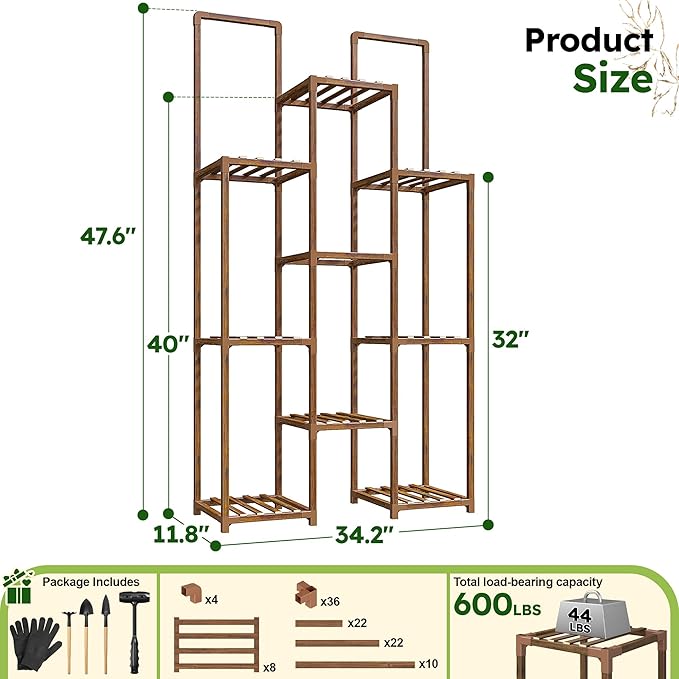 EnHomee 8 Tiers Plant Stand, Indoor Plant Stand with 11-16 Pots, Wood Plants Shelves for Living Room, Patio, Balcony, Yard, Garden, 34.2''W×11.8''D×47.4''H
