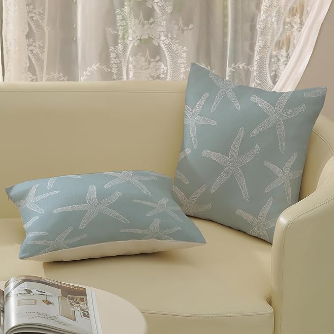 Seafoam Blue Starfish Pillow Covers 18x18 Inch Set of 2 Coastal Throw Pillows Summer Nautical Ocean Beach Theme Decorative Pillowcase Outdoor Farmhouse Decor Cushion Case for Home Bedroom