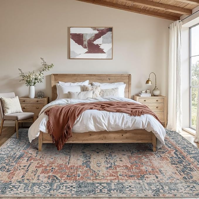 8x10 Area Rugs for Living Room Bedroom, Large Washable Rug, Coral Vintage Retro Boho Rug, Non Slip & Low Pile Faux Wool Thin Carpet for Indoor Dining Room, Kids Room(Coral Blue 8x10ft)
