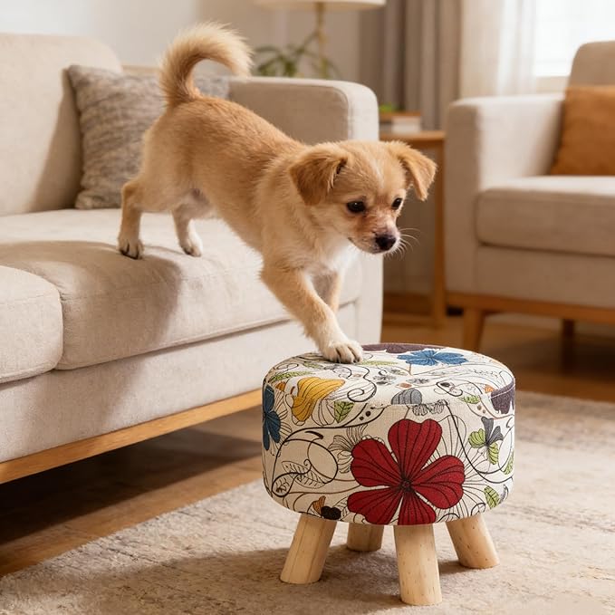 Asense 11-inch Round Ottoman Footstool,Small Padded Seat with Wood Legs,Foot Rest Stool for Living Room Bedroom Couch,Flower