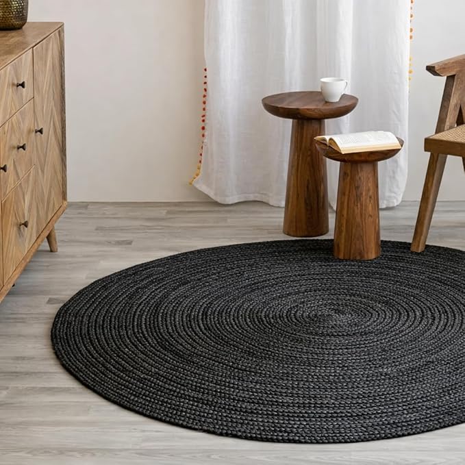 HOMEMONDE Handwoven Round Jute Rug - 4 feet Natural Yarn Loom Braided Rugs - Eco-Friendly Boho Farmhouse Reversible Design for Bedroom, Living Room, Dining Room and Kitchen