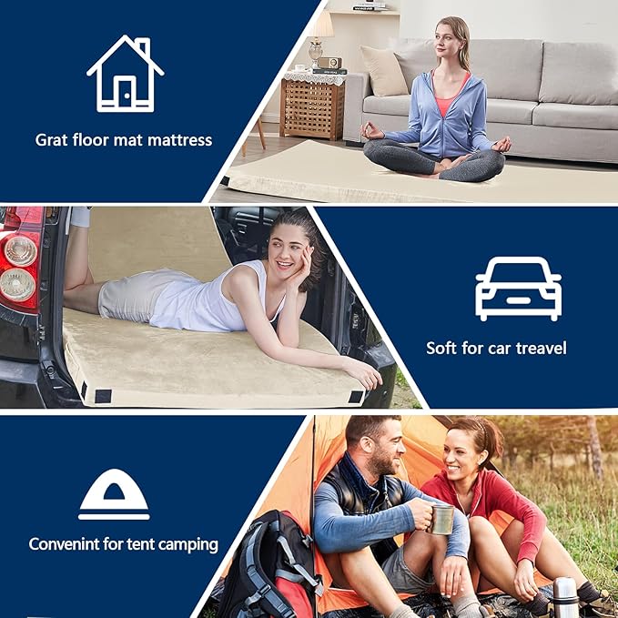 CYMULA Memory Foam Camping Mattress Pad, CertiPUR-US Sleeping Mat, Portable Roll Up Mattress for Adults, Camping Bed Pads for Sleepover, Car Bed with Travel Bag