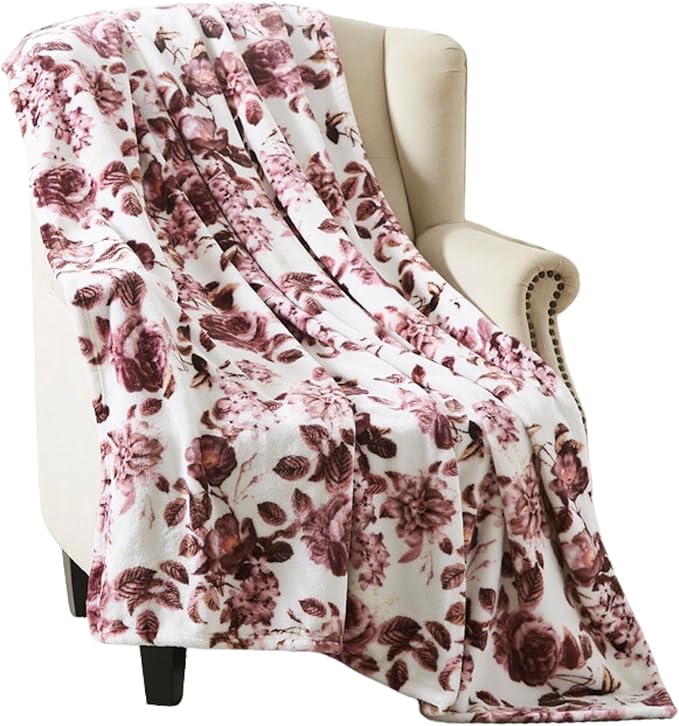 Home Decor Floral Fleece Throw Blankets: Soft Plush Liv Flower Garden Accent for Sofa Couch, Blush Pink Blue Purple Burgundy White