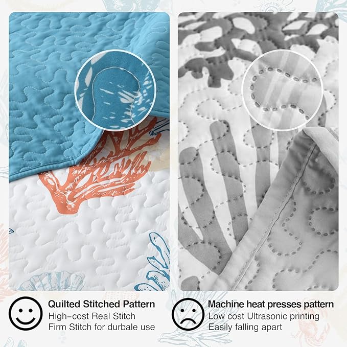HORIMOTE HOME Coastal Quilt Bedding Set Queen Size, Reversible Summer Beach Quilt Lightweight Ocean Nautical Comforter Tropical Bedspread Coverlet with 2 Pillow Shams for All Seasons (90"x96")