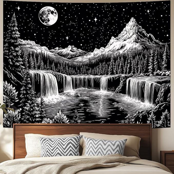 Leofanger Black and White Tapestry Starry Night Mountain Tapestry Aesthetic Moon Wall Tapestries Galaxy Space Tapestries Wall Hanging for Home Decor(51.2"x59.1")