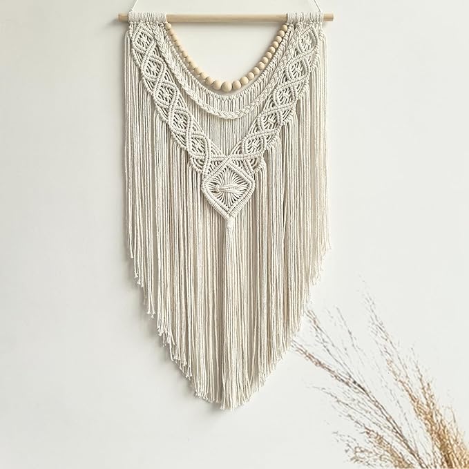 guzhiou Macrame Wall Hanging Boho Geometric Woven Tapestry Cotton Handmade Bohemian Art Decor with Wood Bead Wall Decor for Bedroom Living Room Apartment Nursery 31.5" L x 17" W(Wood bead-A)