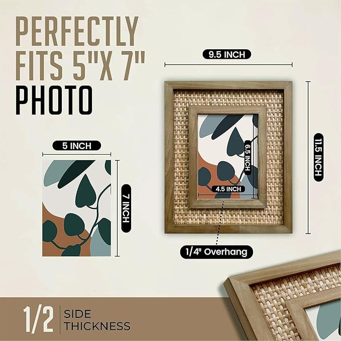 5x7 Picture Frame Handwoven Rattan (9.5"x11.5" Outer) - Fits 5"x7" Photos - Sawtooth Wall Hanger & Tabletop Stand - Natural Coastal Display