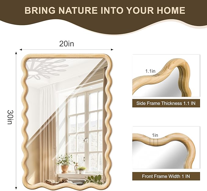 Wavy Mirror for Wall, 30"x20" Boho Bathroom Floor Vanity Mirror with Wooden Frame, for Bedroom, Living Room, Entryway, Farmhouse