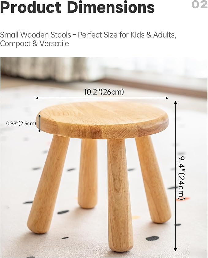 Small Solid Wood Stool, 10" Round Wooden Step Stool for Kids & Adults, Sturdy Plant Stand, Low Sitting Stool for Bathroom, Bedroom & Nursery, Easy Tool-Free Assembly, Natural (1 Pack)