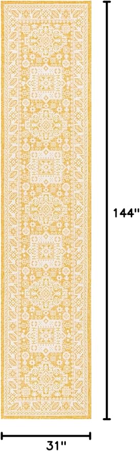 Rugs.com Outdoor Aztec Collection Rug – 12 Ft Runner Yellow Flatweave Rug Perfect for Hallways, Entryways
