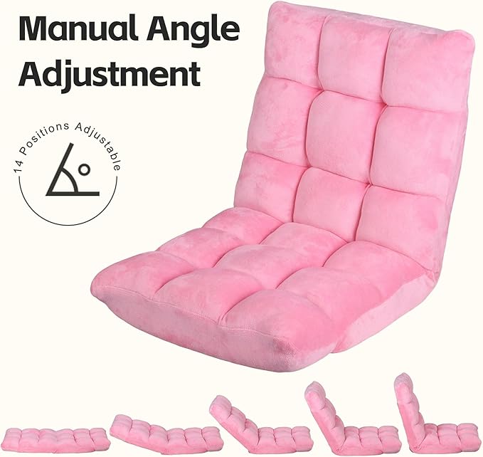 SUPER DEAL 14-Position Folding Floor Chair Gaming Sofa Cushioned Padded Reclining Bed Lounge Couch Seating for Comfy Reading, Reading, Gaming, Relaxing, Watching TV, Pink