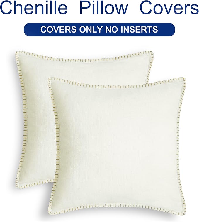 CaliTime Throw Pillow Covers Decorative 24 X 24 Inches Pack of 2 Cotton Thread Stitching Edges Solid Dyed Soft Chenille Cushion Cases for Couch Sofa Bed Living Room Farmhouse Cream