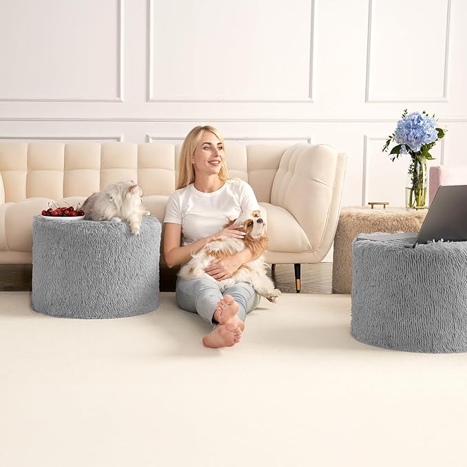 Hansleep Round Pouf Ottoman Foot Rest, 17 x 14 Small Faux Fur Stuffed Pouf for Chair, Foam Filled Foot Stools Ottomans for Living Room, Grey