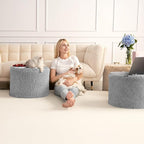 Hansleep Round Pouf Ottoman Foot Rest, 17 x 14 Small Faux Fur Stuffed Pouf for Chair, Foam Filled Foot Stools Ottomans for Living Room, Grey