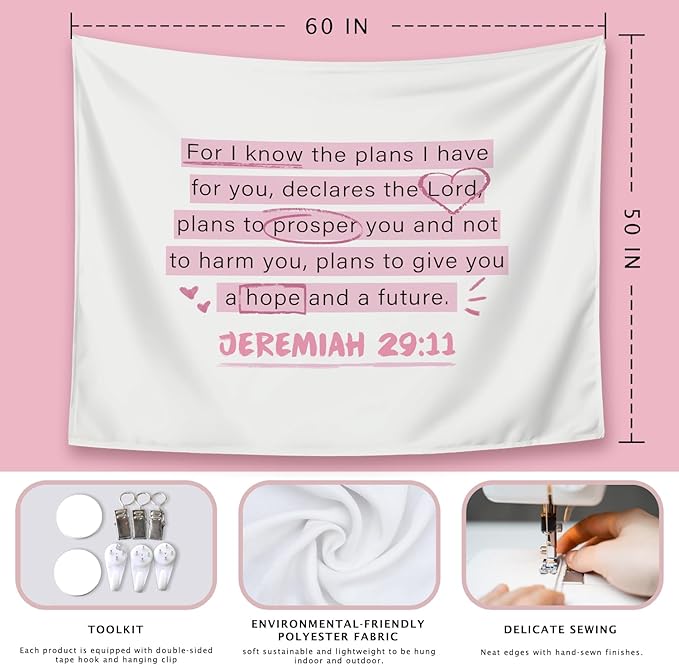 LIANGW Cute Pink Christian Tapestry Aesthetic for Bedroom, Coquette Preppy Room Decor for Women, Dorm Decor for College Girls, Bible Verses Tapestries Wall Hanging 50x60 inche
