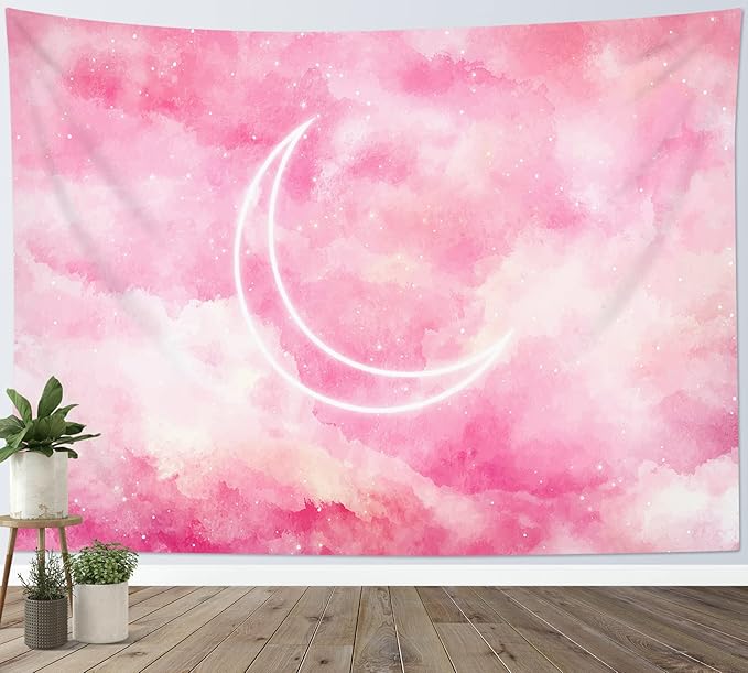 LB Pink Sky Tapestry Fantasy Pink Cloud and Moon Nature Landscape Wall Hanging Colorful Aesthetic Tapestries Wall Blanket for Bedroom Living Room Girl Teen Dorm Party Decor 59x51 Inches