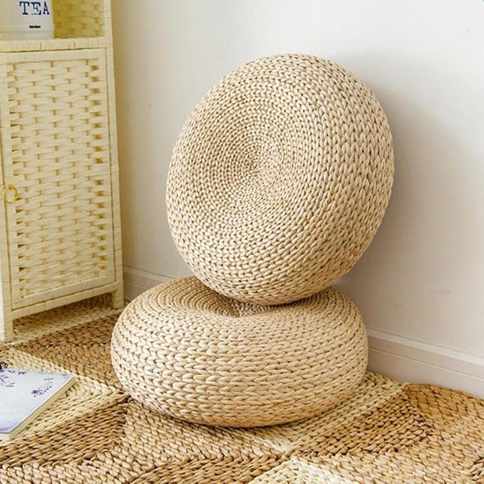 Knitted Straw Flat Seat Cushion, 15.7inch Round Pouf Tatami Cushion Floor