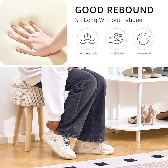 Wimarsbon Pouf Ottoman, 100% Cotton Knitted Boho Footstool, Round Footrest with Non-Skid Wood Legs, Home Décor Handmade Pouffe, Leisure Floor Step Stool for Living Room (High Storage Beige)