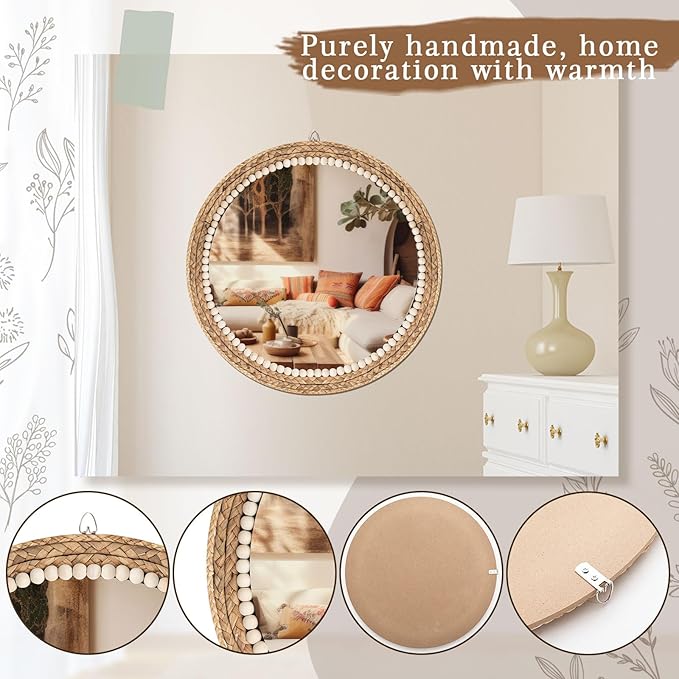 Boho Round Hanging Wall Mirror Decor 16 Inches Rattan Wicker Costal Loop Round Circle Mirrors for Coastal Farmhouse, Living Room, Bedroom, Entryway