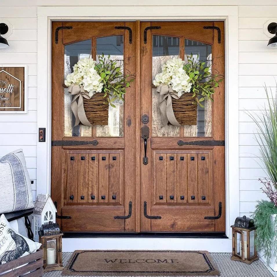 Cream Hydrangea Door Hanger Basket Wreath - Farmhouse Spring Wreath with Wildflowers, Mother's Day Decor, Artificial Rattan Hanging Basket for Porch, Wall, Home Decor - color: White