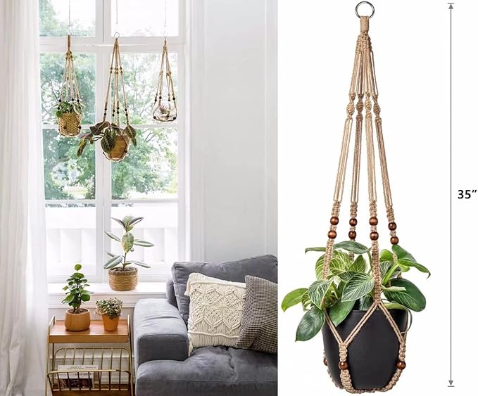 AKEIE Brown Macrame Plant Hanger Indoor Outdoor Plant Holder Basket 41'' Hanging Planter Rope w/Wood Beads No Tassels for Indoor Outdoor Boho Home Decor(Brown)