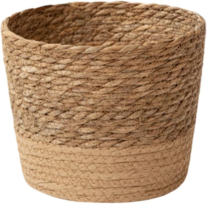 Woven Flower Pot Basket, Seagrass Storage Organizer Planter, Rustic Decorative Plant Containers Cover Laundry Bin for Porch Living Room Entryway (Khaki, 7.9Inch)