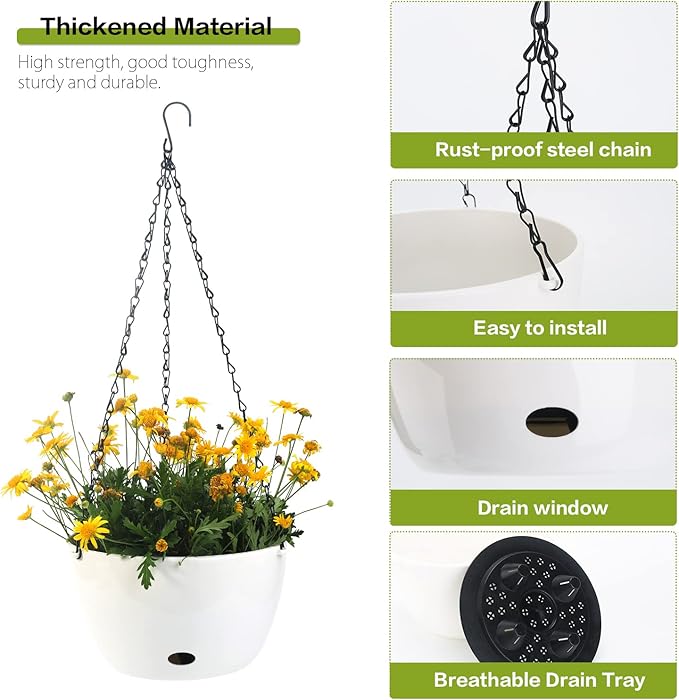 Sungmor Self Watering Hanging Planter for Indoor Plants, 9.4" & 11.2" 2-PACK Large White Plastic Hanging Basket, Garden Flower Pots with Hanging & Standing Design, Thickened Sturdy Drainage Plant Pots