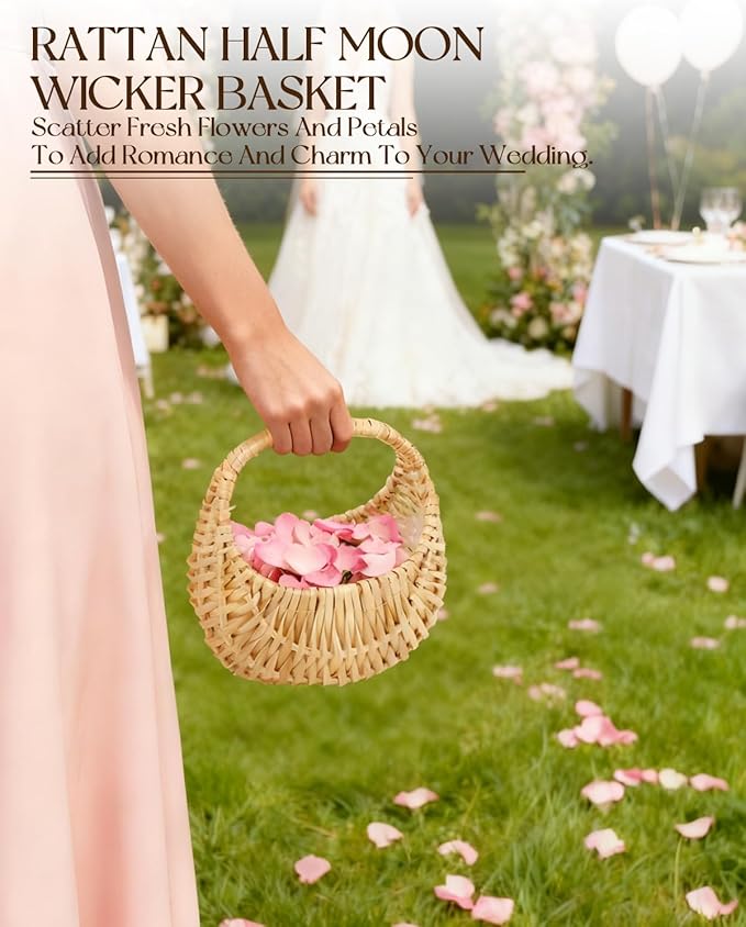 4 PCS Rattan Half Moon Wicker Basket, Small Wicker Woven Basket with Handle, Woven Wedding Flower Girl Baskets, Picnic Basket, for Home Wedding Decor, Photo Props, Camping