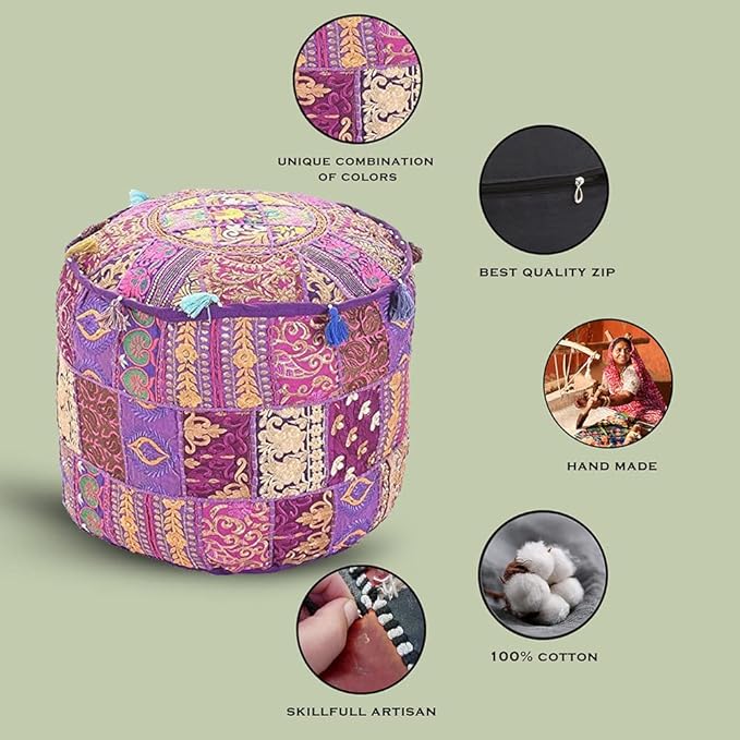 Aakriti Gallery Indian Pouf Footstool Ethnic Embroidered Pouf Cover, Indian Cotton Round Pouffe Ottoman Pouf Cover Pillow Ethnic Decor Art - Cover Only (Purple, 18x13)