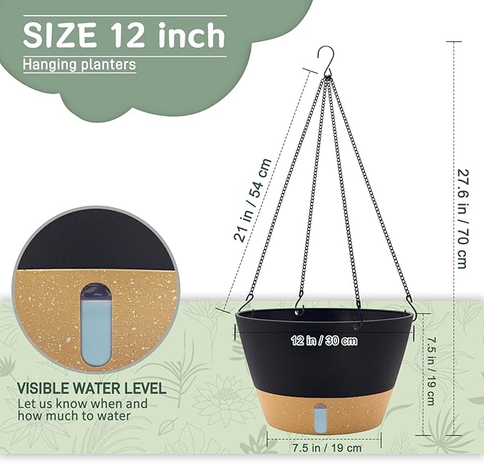 ZMTECH 12 Inch Hanging Planters for Indoor Plants, Large Self Watering Hanging Planter with Visible Water Level Window & Chain, Dark Gray Hanging Baskets for Outdoor Patio