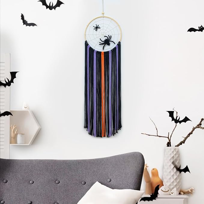 EOBTAIN Halloween Macrame Wall Hanging,Spider Web Dream Catchers,Black Purple and Orange Tassels Pure Cotton Cord Textile Wall Art,Halloween Decorative Woven Tapestry for Home Decor,9.8x32.8 Inch