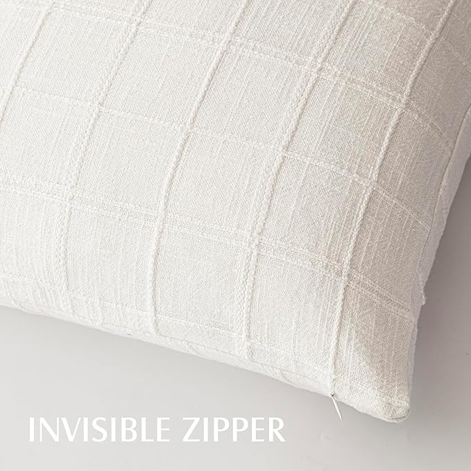 Foindtower Set of 2 Decorative Linen Check Throw Pillow Covers Neutral Farmhouse Vintage Cushion Covers Modern Boho Home Decor for Sofa Chair Couch Bedroom Living Room,26×26 Inch,Cream White