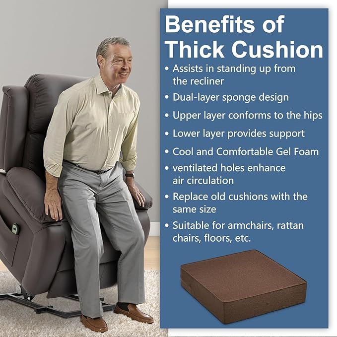 Shinnwa Gel Memory Foam Recliner Cushion for Elderly, Extra Large Seat Cushion, Dual-Layer Foam Chair Pad for Couch, Armchair, Wicker Chairs, Floor, 18 × 18 × 4in, Caramel